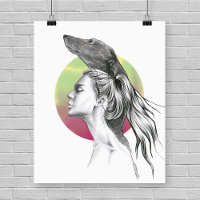 Greyhound dog and woman portrait drawing art