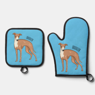 Greyhound dog cartoon illustration oven mitt & pot holder set