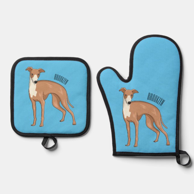Greyhound dog cartoon illustration oven mitt & pot holder set (Front)