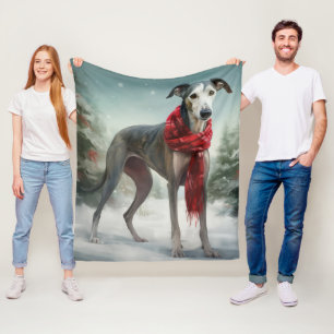 Greyhound Dog in Snow Christmas Fleece Blanket
