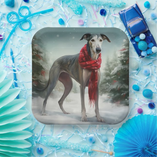 Greyhound Dog in Snow Christmas  Paper Plate (Party)