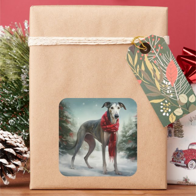 Greyhound Dog in Snow Christmas  Square Sticker (Holiday)