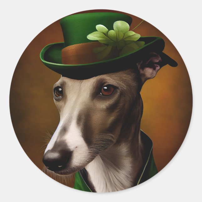 Greyhound Dog in St. Patrick's Day Dress Classic Round Sticker (Front)