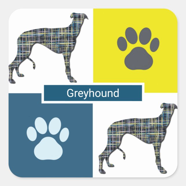 Greyhound Dog & Paw Y&B Grid Square Sticker (Front)