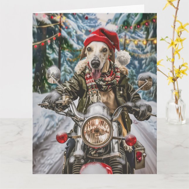 Greyhound Dog Riding Motorcycle Christmas  Card (Yellow Flower)