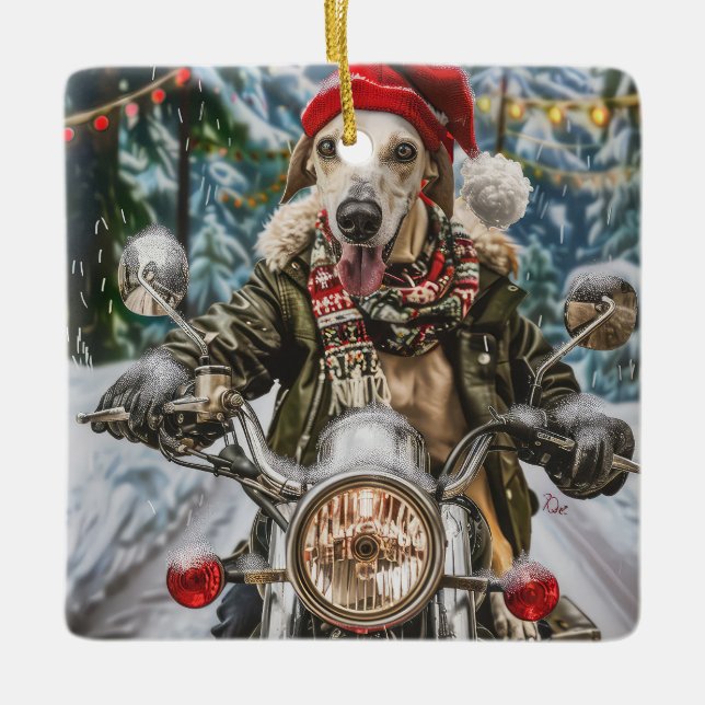 Greyhound Dog Riding Motorcycle Christmas  Ceramic Ornament (Front)