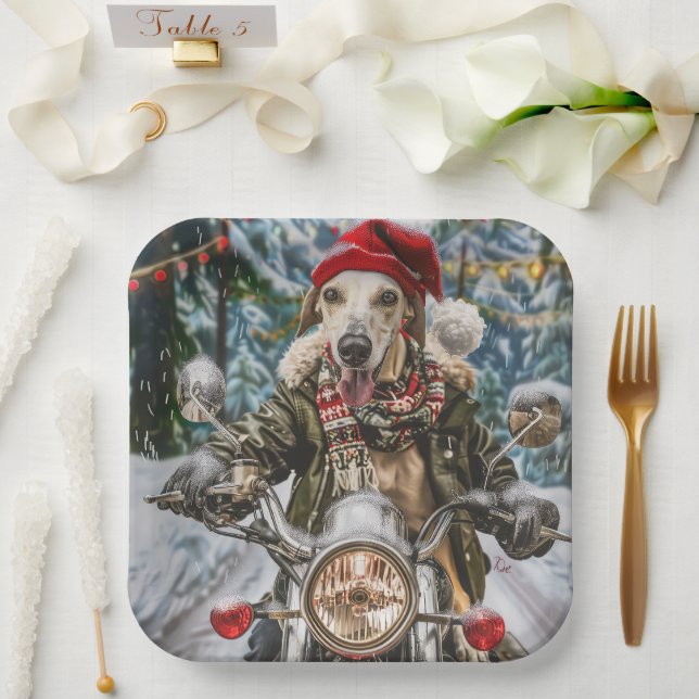 Greyhound Dog Riding Motorcycle Christmas  Paper Plate (Wedding)