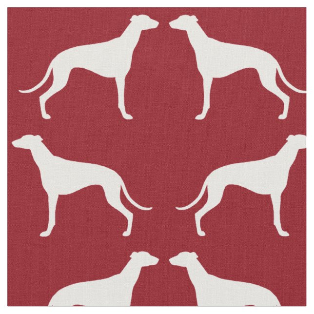 Greyhound Dog Silhouettes Pattern Red and White Fabric (Close Up)
