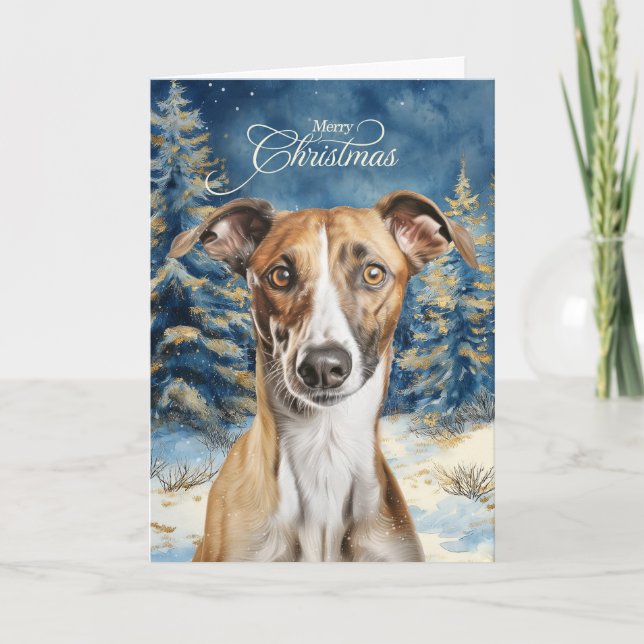 Greyhound Dog Woodland Forest Christmas Holiday Card (Front)