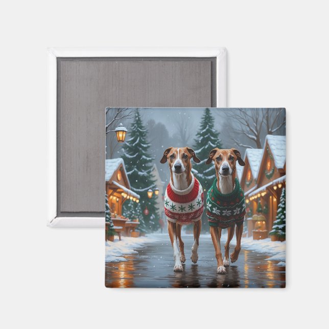 Greyhound Dogs Christmas Snow Holiday Magnet (Front/Back)