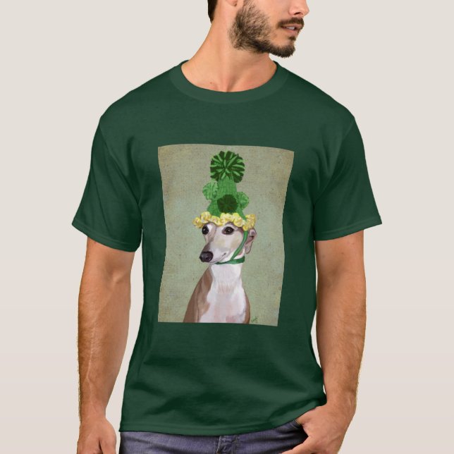 Greyhound in Green Knitted Hat T-Shirt (Front)