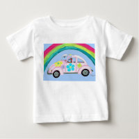 Greyhound in Hippie car with rainbow T-Shirt