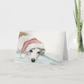 "Greyhound in Santa Hat" Dog Art Christmas Card