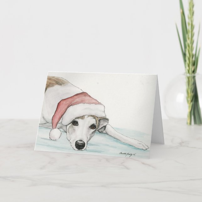 "Greyhound in Santa Hat" Dog Art Christmas Card (Front)
