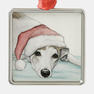 Greyhound in Santa Hat Dog Art Ornament