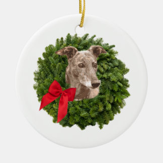 Greyhound in Xmas Wreath Ceramic Tree Decoration
