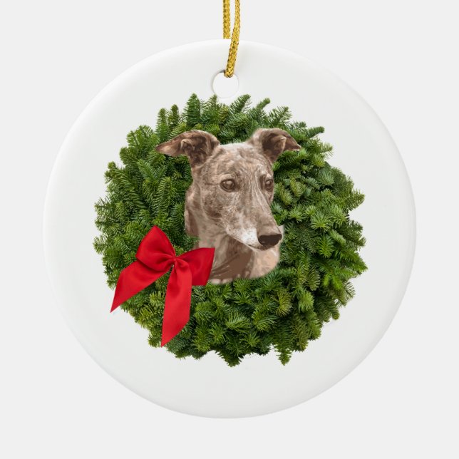 Greyhound in Xmas Wreath Ceramic Tree Decoration (Front)