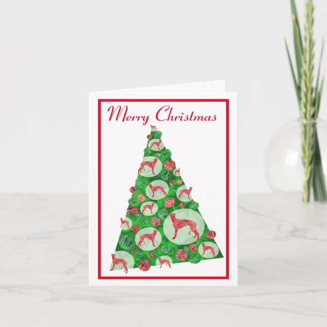 Greyhound Lurcher Dog Silhouette ChristmasTree Wht Card (Front)