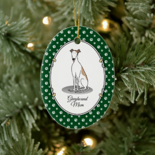 Greyhound Mum (fawn white) Cute Dog Mum Funny Ceramic Tree Decoration