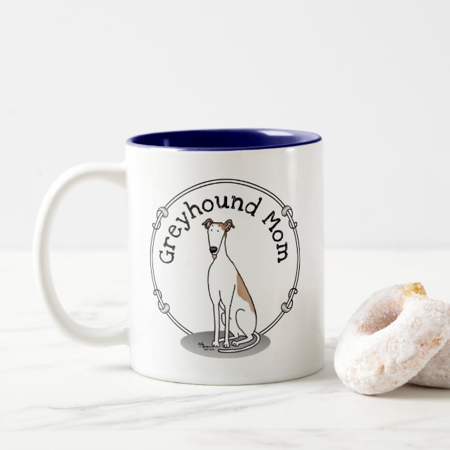 Greyhound Mum (fawn white) Cute Dog Mum Funny Two-Tone Coffee Mug (With Donut)