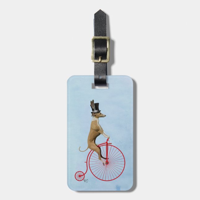 Greyhound on Red Penny Farthing Luggage Tag (Front Vertical)
