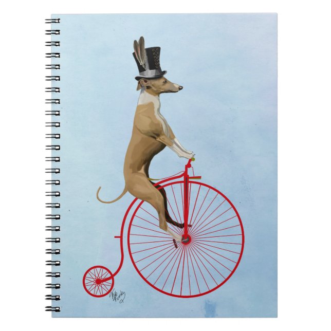 Greyhound on Red Penny Farthing Spiral Notebook (Front)