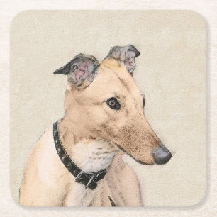 Greyhound Painting - Cute Original Dog Art Square Paper Coaster