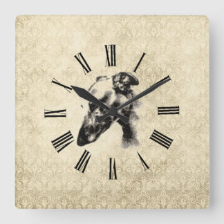 Greyhound Portrait on Elegant Ivory Damask Square Wall Clock