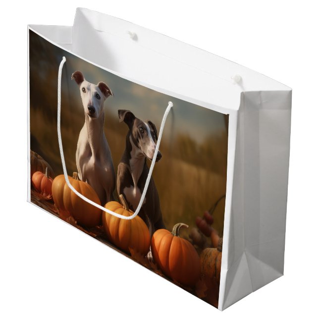 Greyhound Puppy Autumn Delight Pumpkin Large Gift Bag (Front Angled)