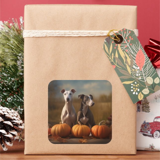 Greyhound Puppy Autumn Delight Pumpkin Square Sticker (Holiday)