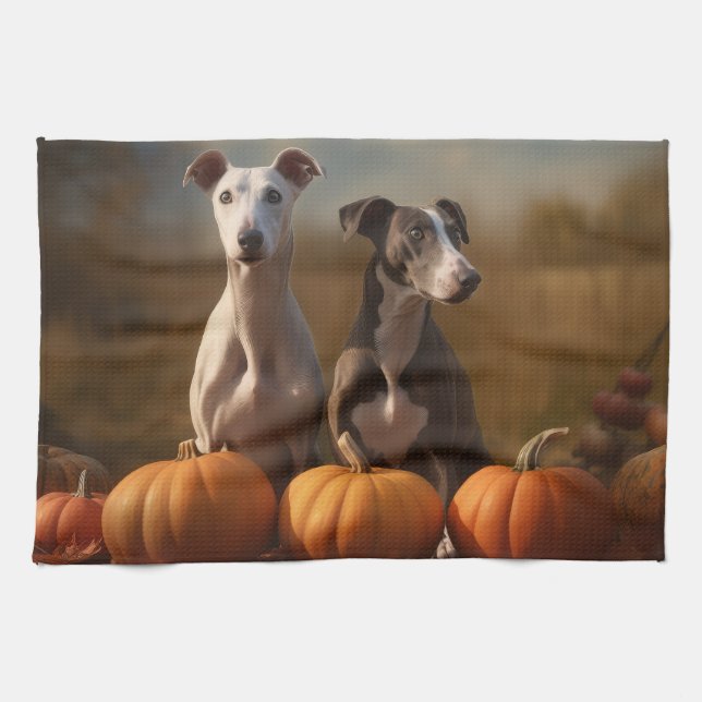 Greyhound Puppy Autumn Delight Pumpkin Tea Towel (Horizontal)