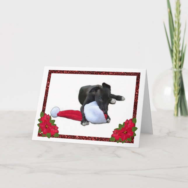 Greyhound Puppy Chewing Santa Hat Christmas Holiday Card (Front)
