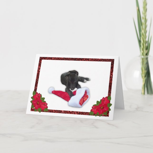 Greyhound Puppy with Christmas Santa Hat Holiday Card (Front)