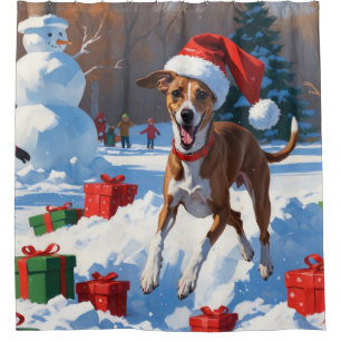 Greyhound Running in Snow with Christmas Hat Shower Curtain