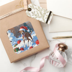 Greyhound Running in Snow with Christmas Hat Square Sticker