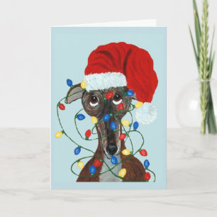 Greyhound Santa Tangled In Christmas Lights Card