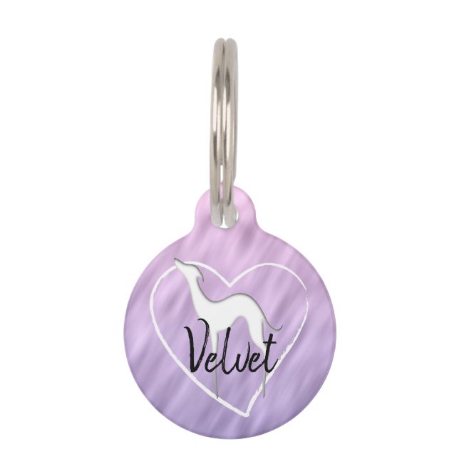 Greyhound silhouette and heart lilac Personalised Pet Tag (Front)