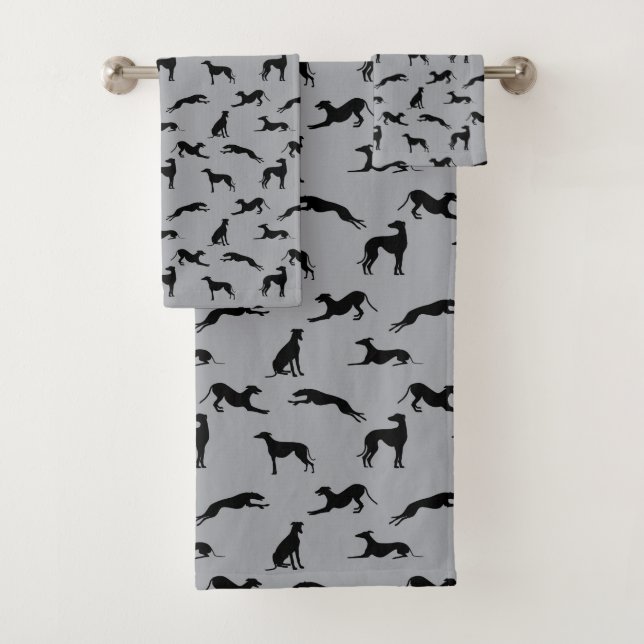 Greyhound Silhouettes Black on Gray Bath Towel Set (Insitu)