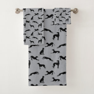 Greyhound Silhouettes Black on Grey Bath Towel Set