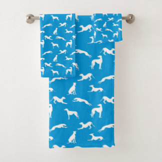 Greyhound Silhouettes White on Blue Bath Towel Set