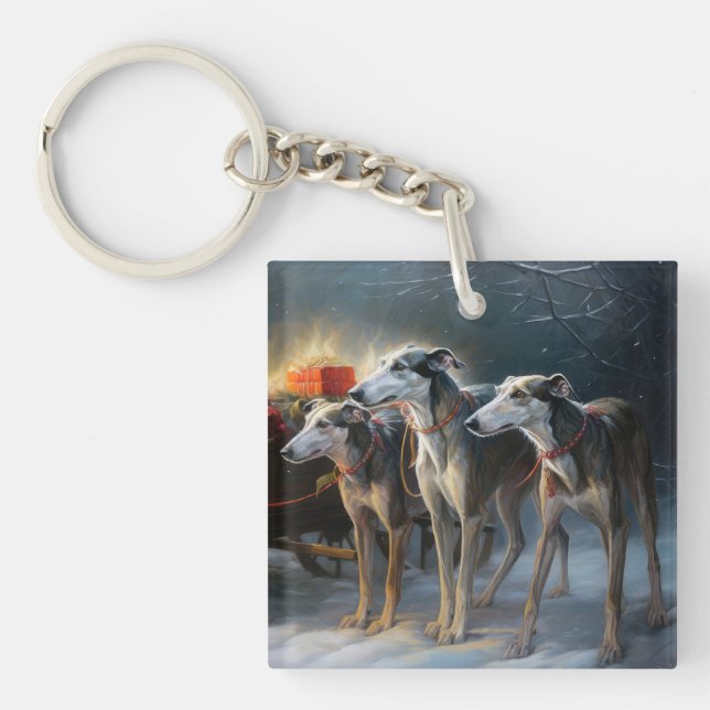 Greyhound Snowy Sleigh Christmas Decor Key Ring (Front)
