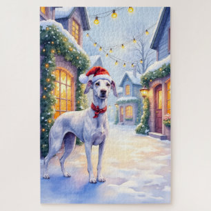 Greyhound Snowy Village Santa Hat Christmas Art Jigsaw Puzzle