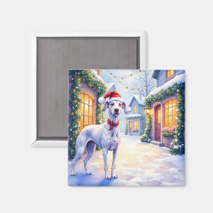 Greyhound Snowy Village Santa Hat Christmas Art Magnet