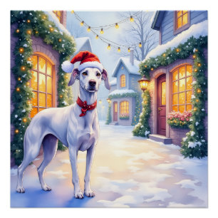Greyhound Snowy Village Santa Hat Christmas Art Poster