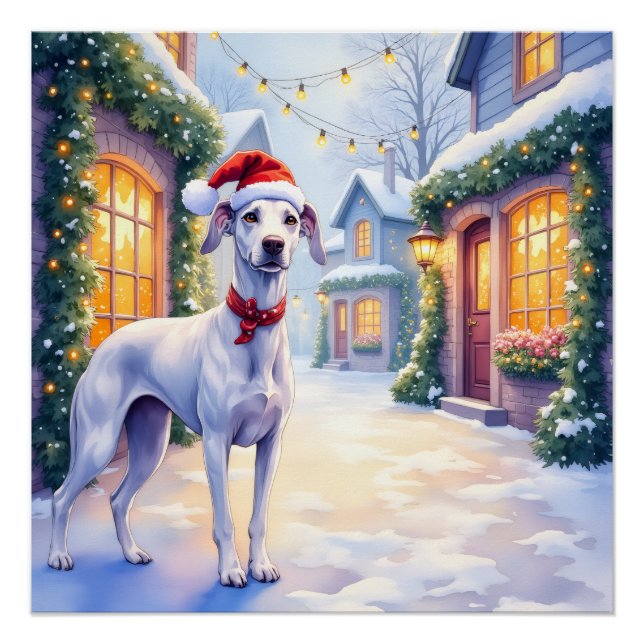 Greyhound Snowy Village Santa Hat Christmas Art Poster (Front)