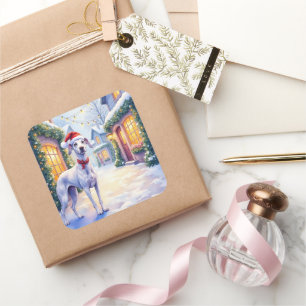Greyhound Snowy Village Santa Hat Christmas Art Square Sticker