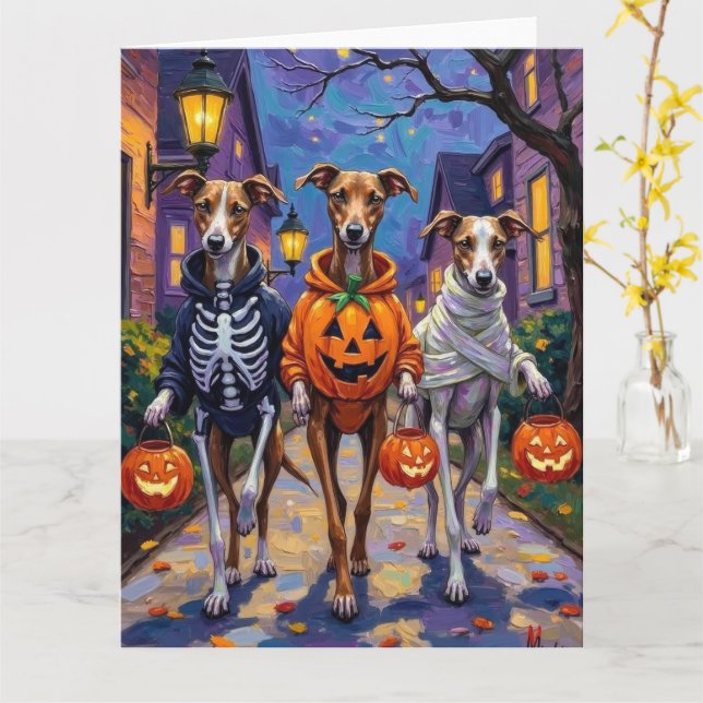 Greyhound Trick-or-Treating in Halloween Costumes Card (Yellow Flower)
