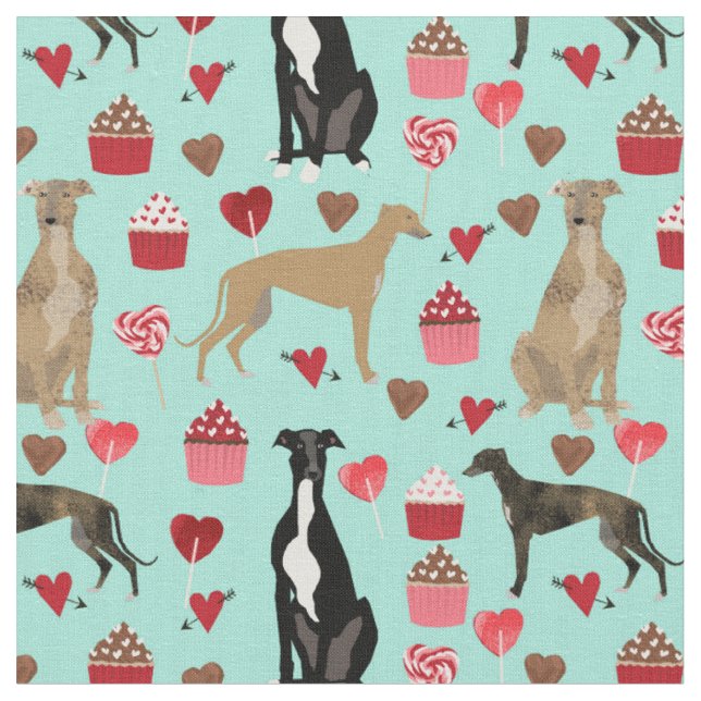 greyhound valentines mint love fabric (Close Up)