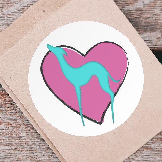 Greyhound whippet silhouette and cute pink heart classic round sticker (Creator Uploaded)
