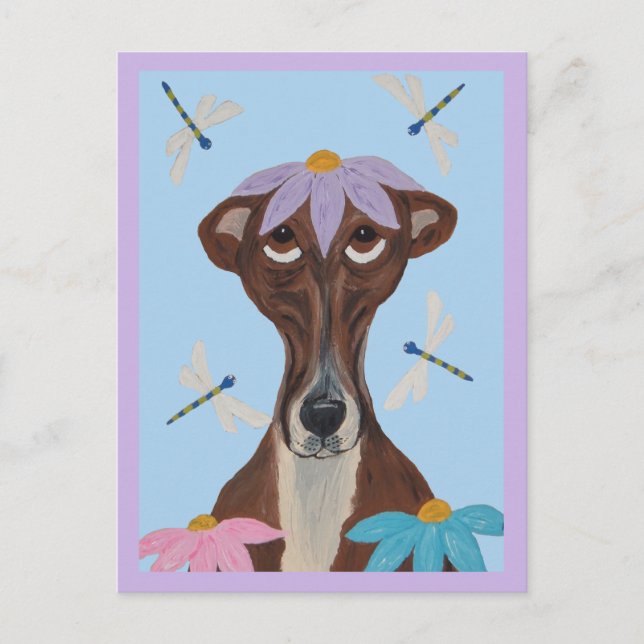 Greyhound with a Flower on its head & Dragonflies Postcard (Front)